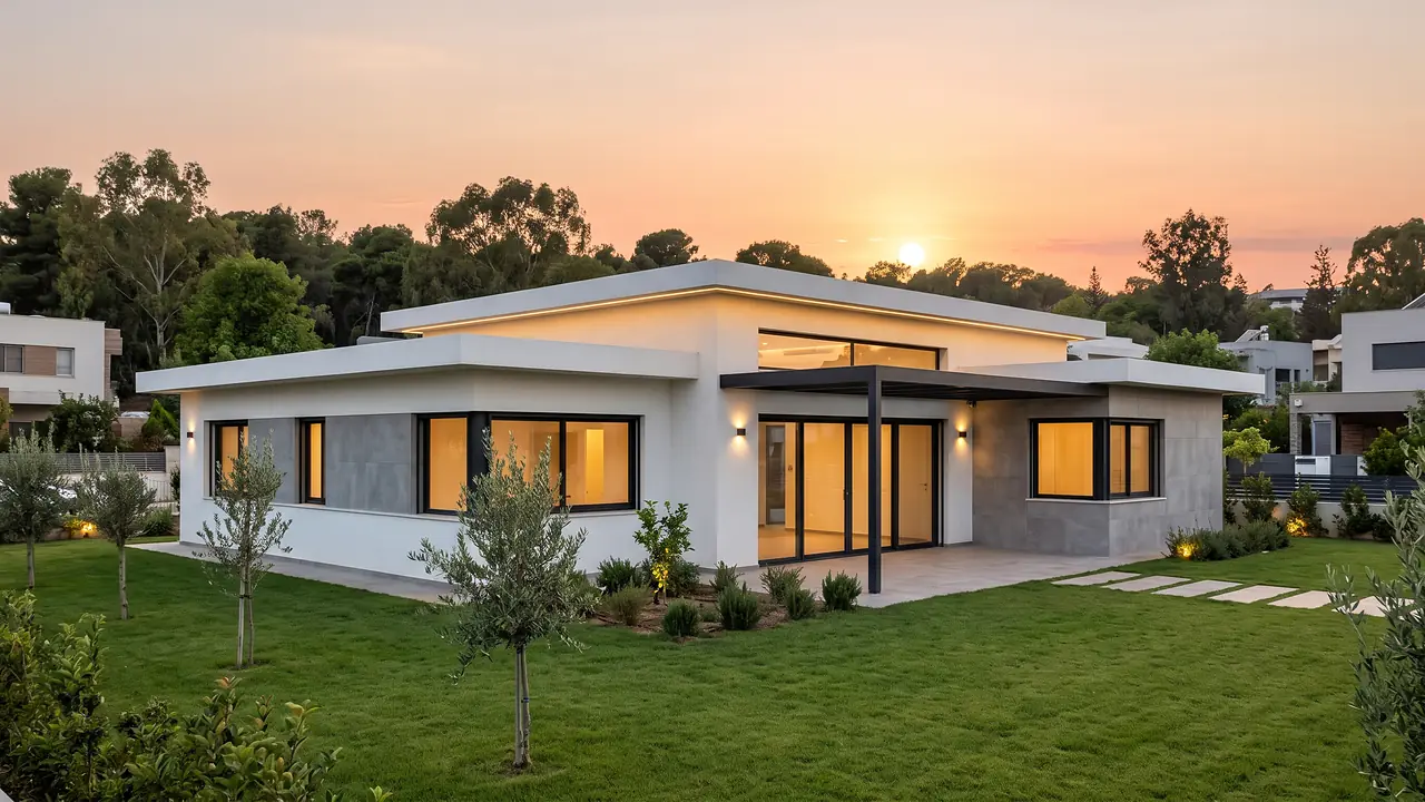 Illustration: a modern one-storey private house, white with grey stone cladding and black window frames