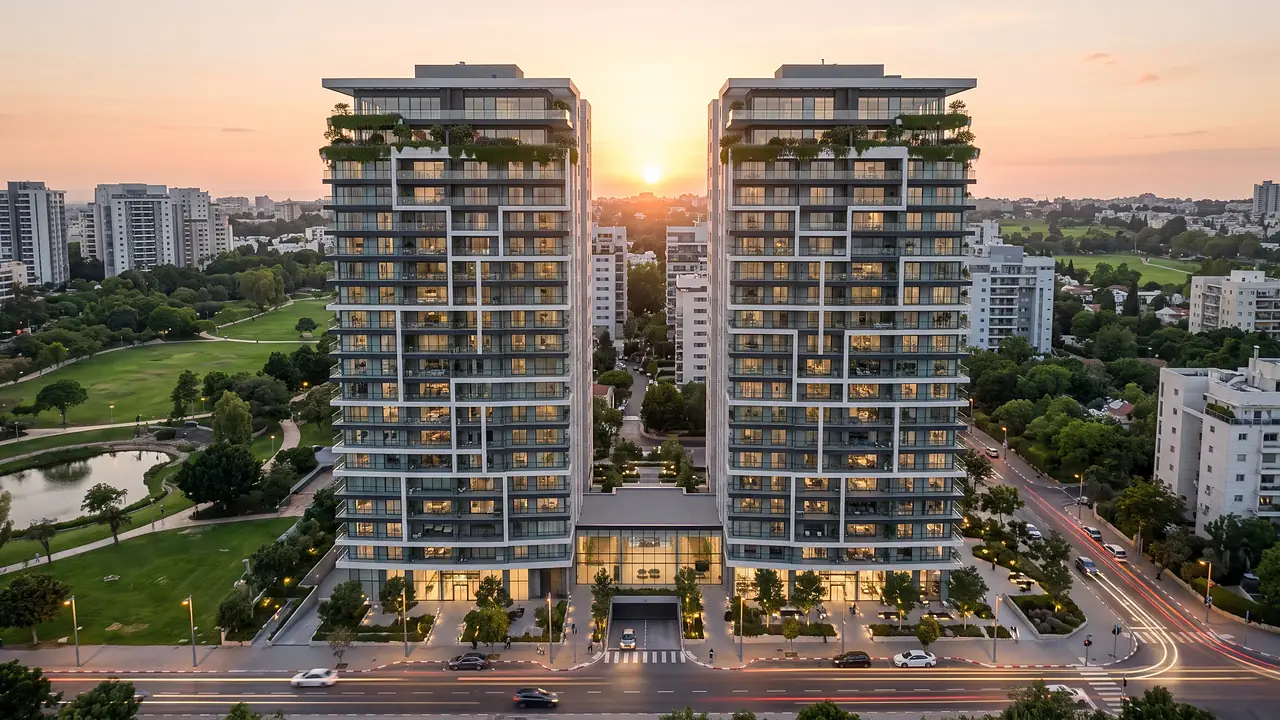 Illustration: two residential towers with a shared lobby, facing a park at sunset