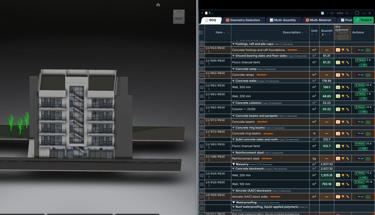 A Revit model and its bill of quantities side by side in AiN