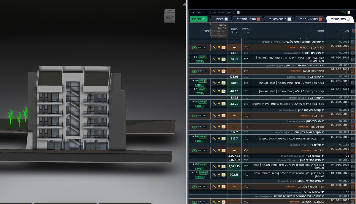 מודל Revit וכתב הכמויות שלו זה לצד זה ב-AiN